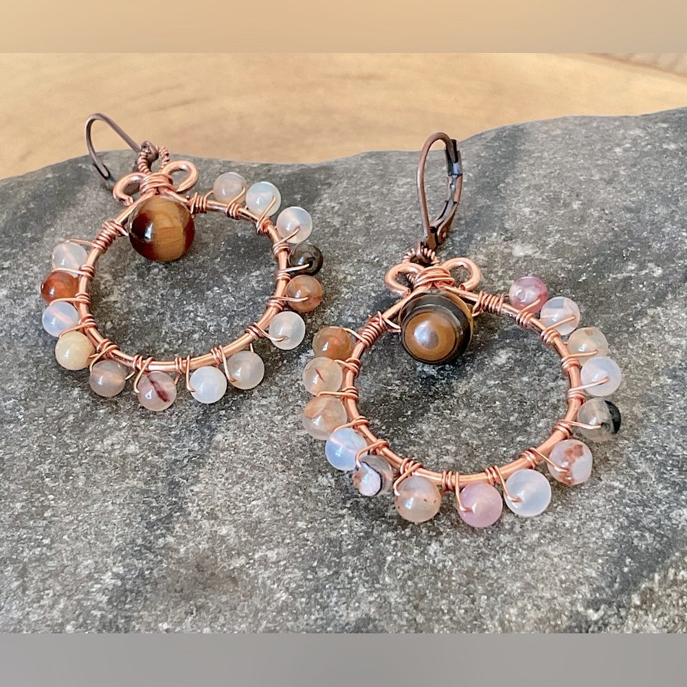 Copper gemstone hoop earrings with tigers eye and Agate,gift for her,elegant